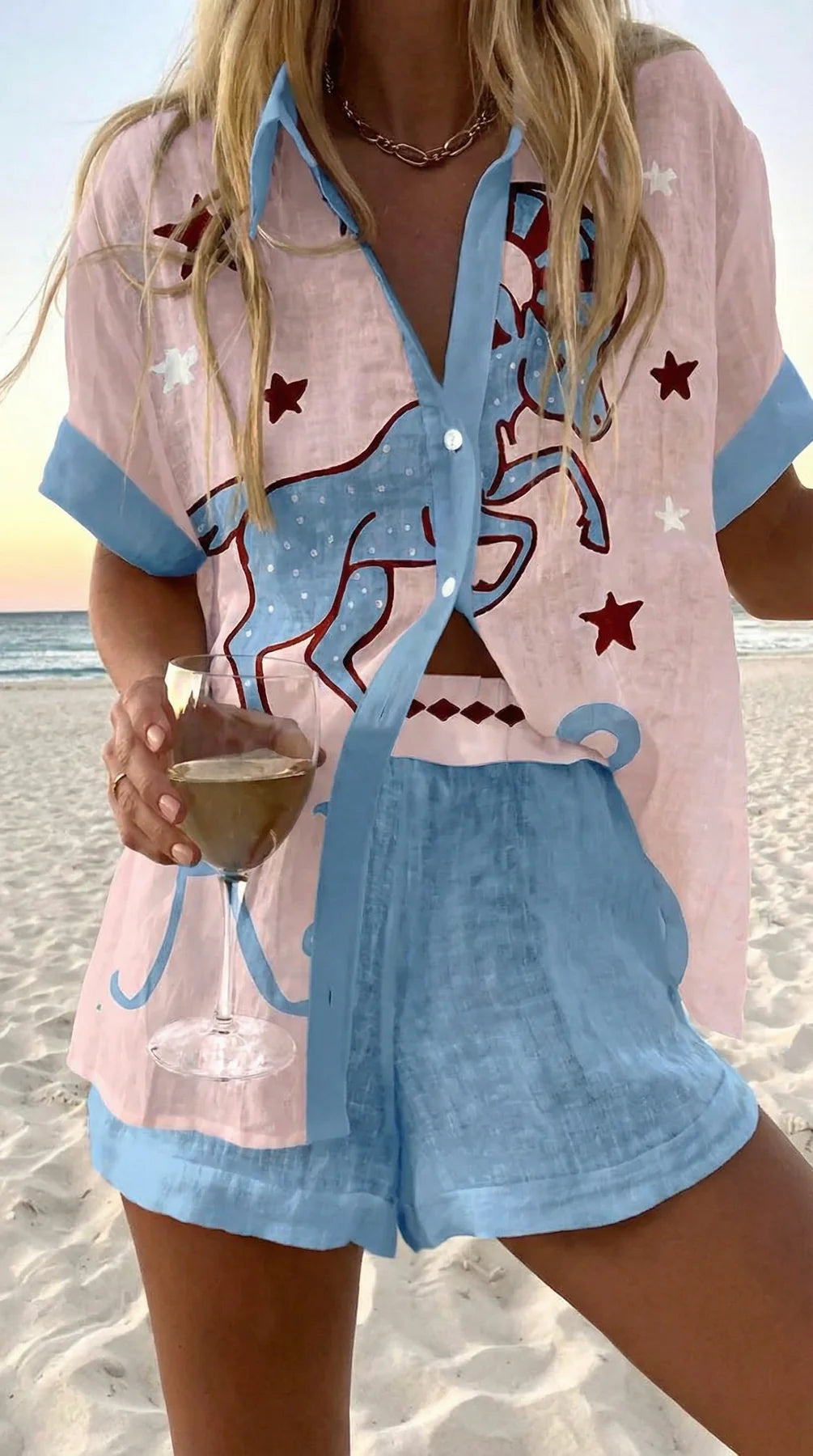 Faselyra - Women's Boho Beach Style Fish Print Shirt and Shorts Set