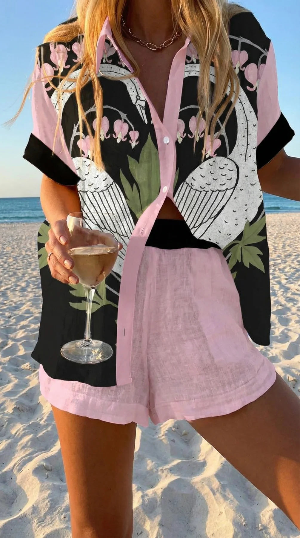 Faselyra - Women's Boho Beach Style Fish Print Shirt and Shorts Set