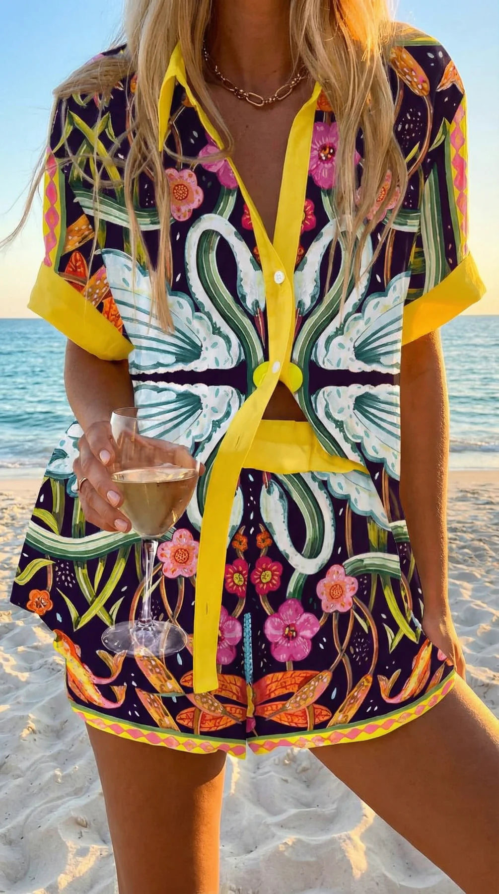 Faselyra - Women's Boho Beach Style Fish Print Shirt and Shorts Set
