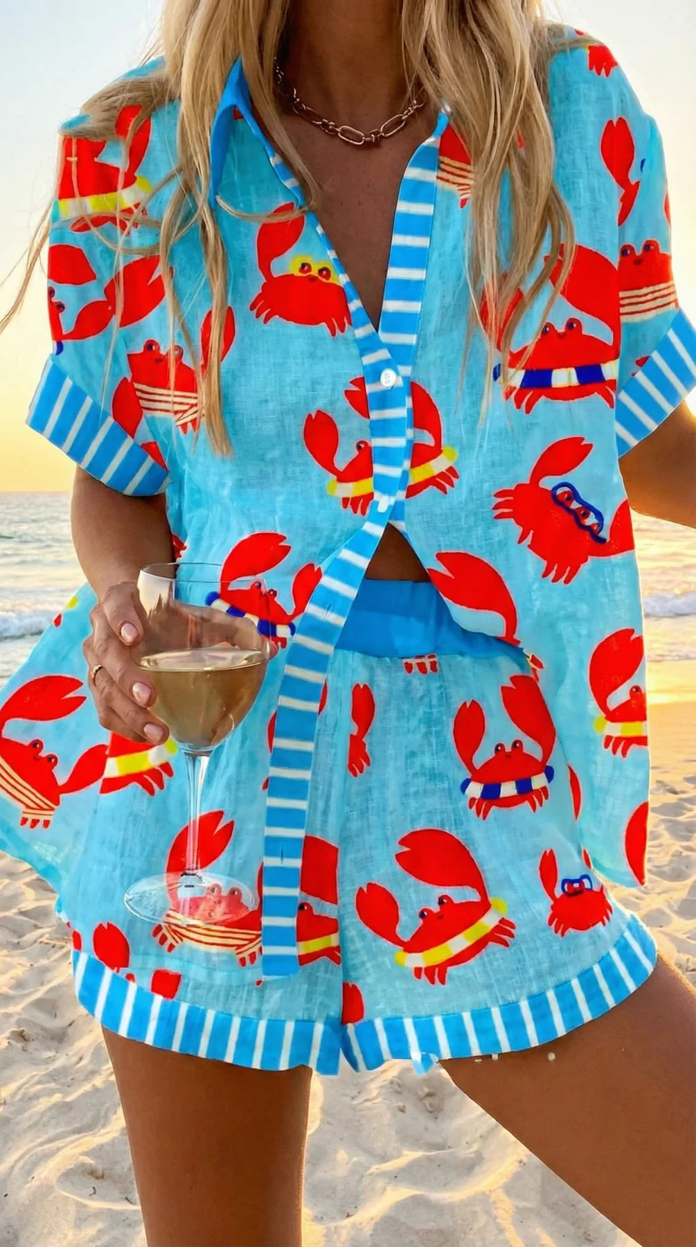 Faselyra - Women's Boho Beach Style Fish Print Shirt and Shorts Set