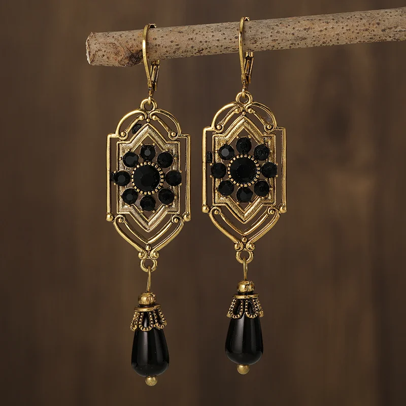 Vintage Earrings with Black Crystal Dangles 