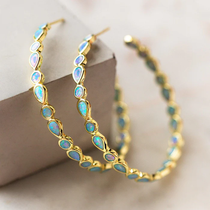 Vintage Blue Opal Gold Circle Earrings 
