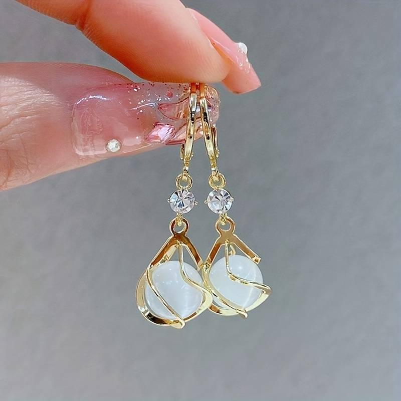 Vintage Gold Drop Earrings with White Opal 