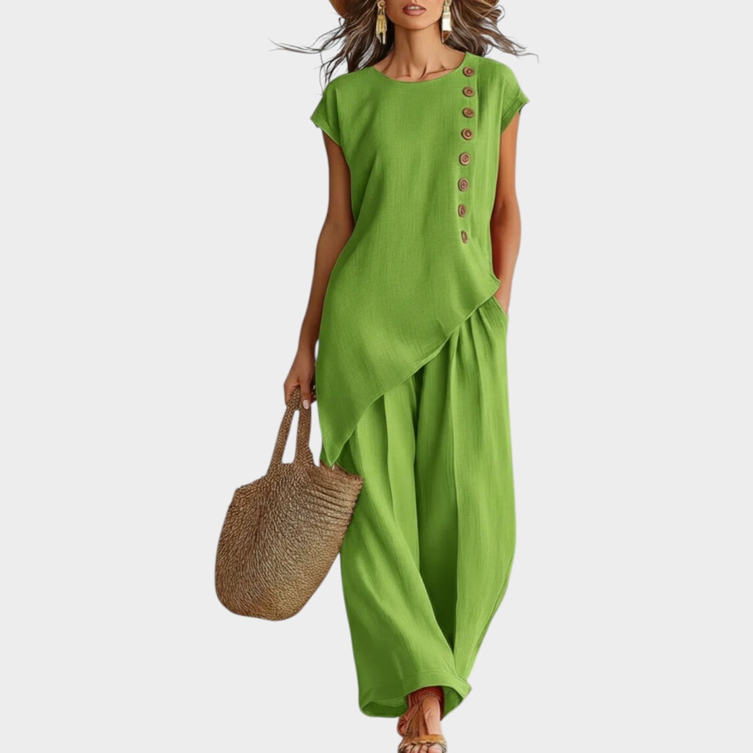Tyvra - Women's Summer Flowy Linen Set with Side Buttons