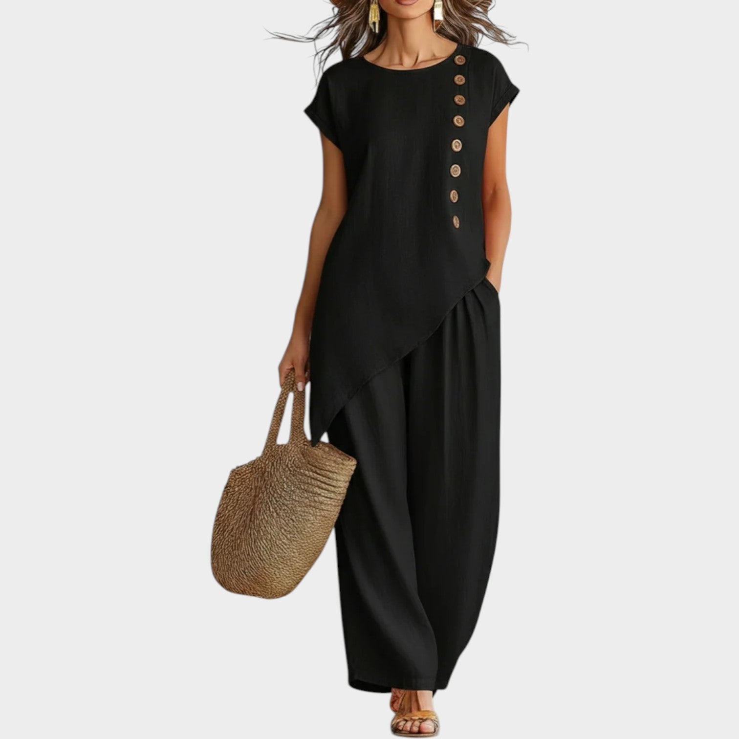 Tyvra - Women's Summer Flowy Linen Set with Side Buttons