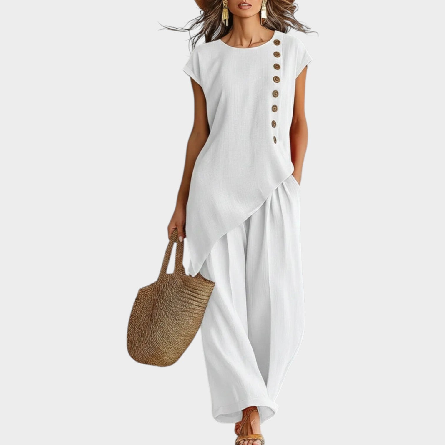 Tyvra - Women's Summer Flowy Linen Set with Side Buttons