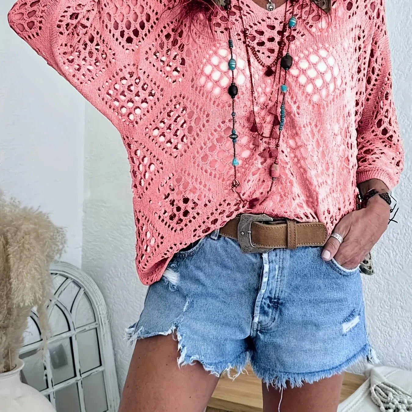 Kassoria - Women's bohemian-style openwork crochet V-neck top