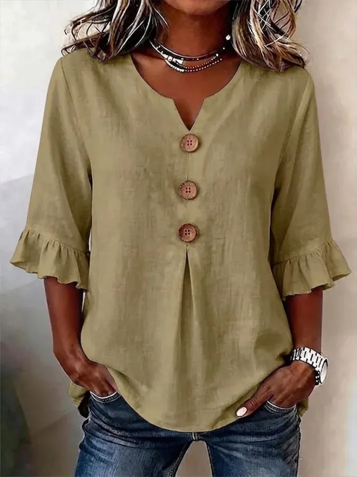 Lythra - Women's V-Neck Button-Down Half-Sleeve Flowy Blouse