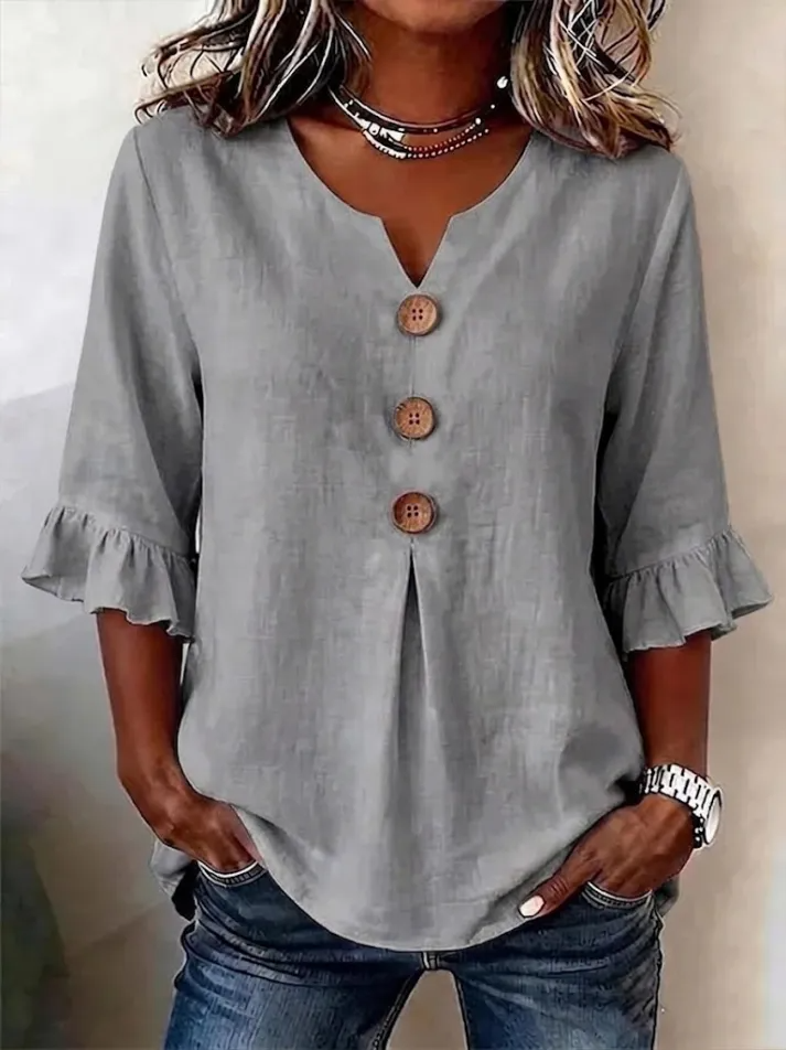 Lythra - Women's V-Neck Button-Down Half-Sleeve Flowy Blouse