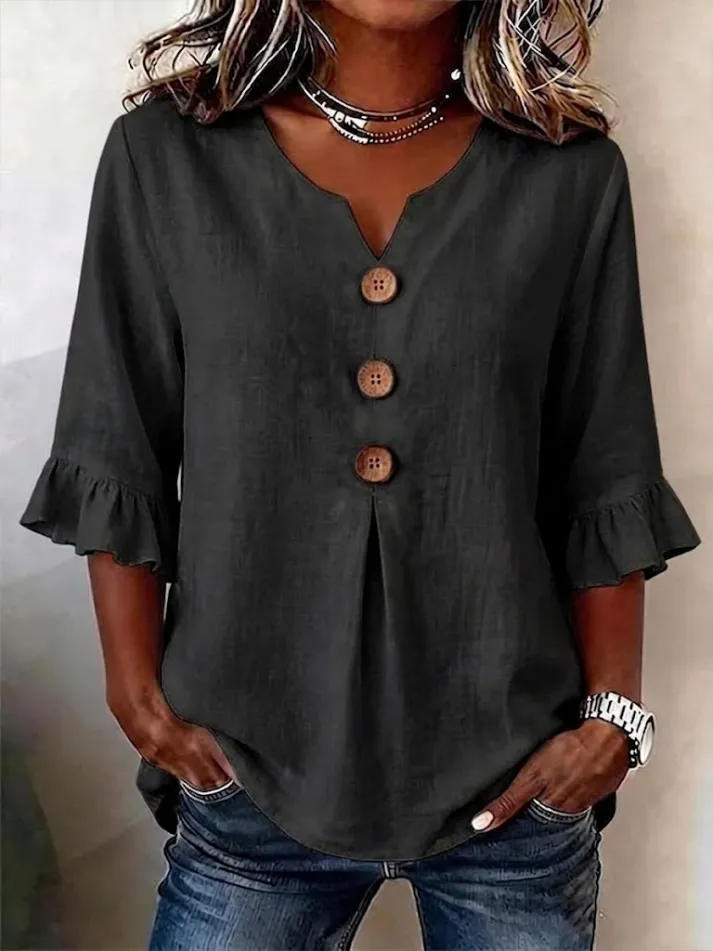 Lythra - Women's V-Neck Button-Down Half-Sleeve Flowy Blouse