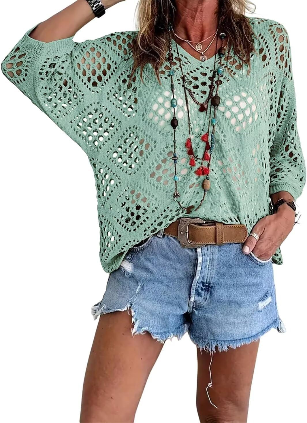 Kassoria - Women's bohemian-style openwork crochet V-neck top