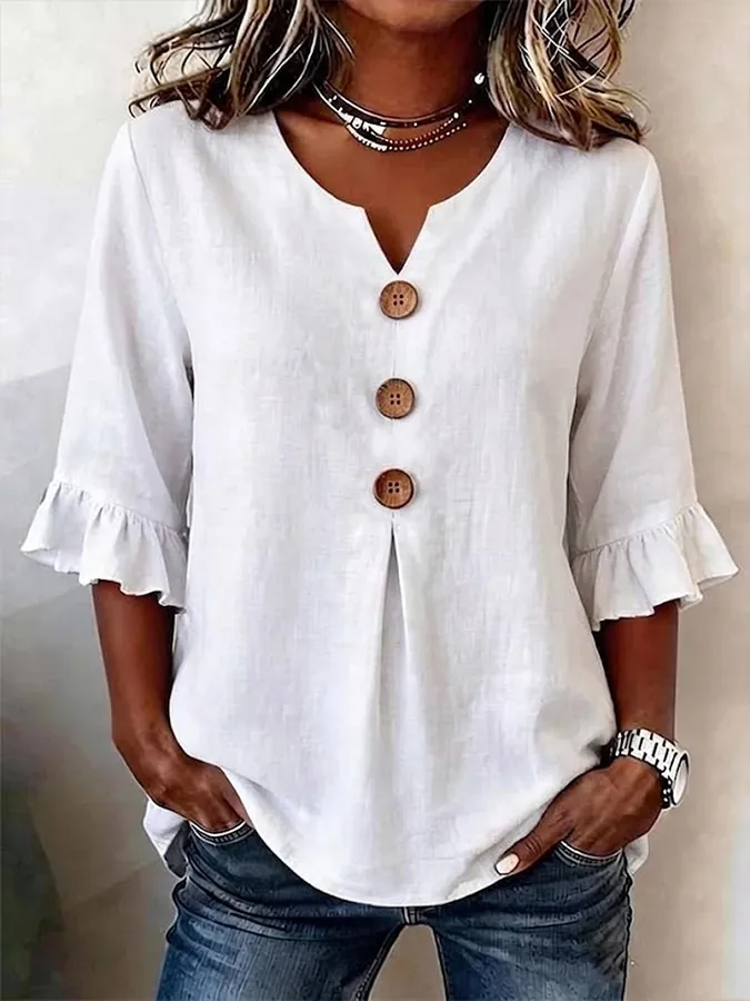 Lythra - Women's V-Neck Button-Down Half-Sleeve Flowy Blouse