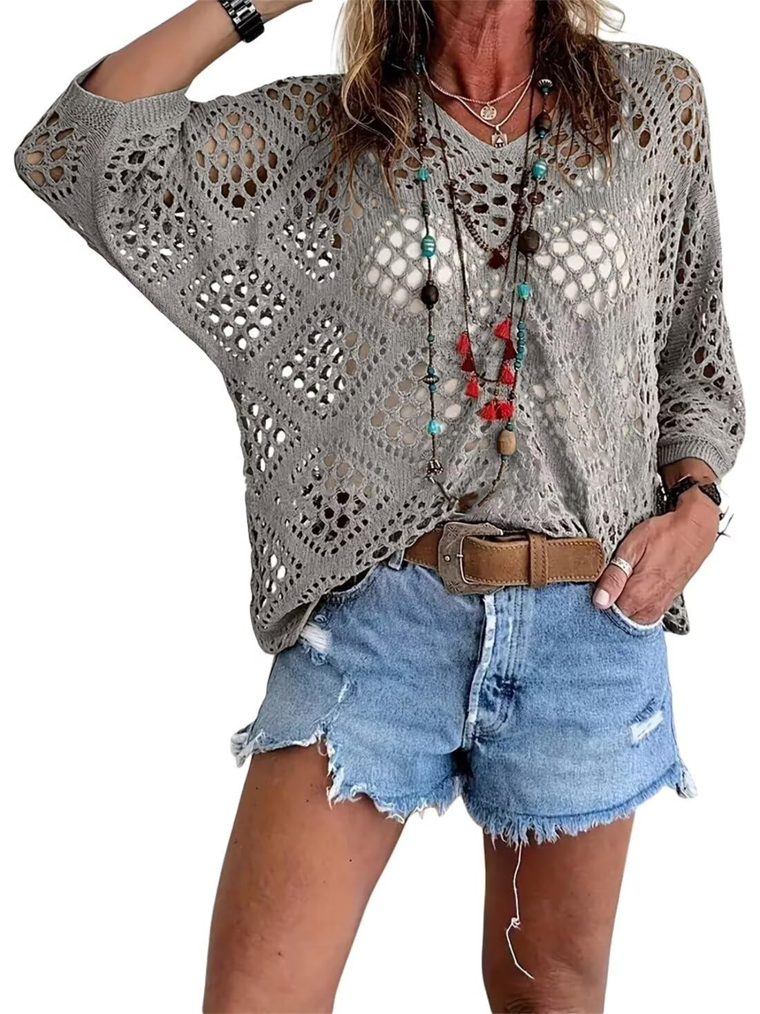 Kassoria - Women's bohemian-style openwork crochet V-neck top