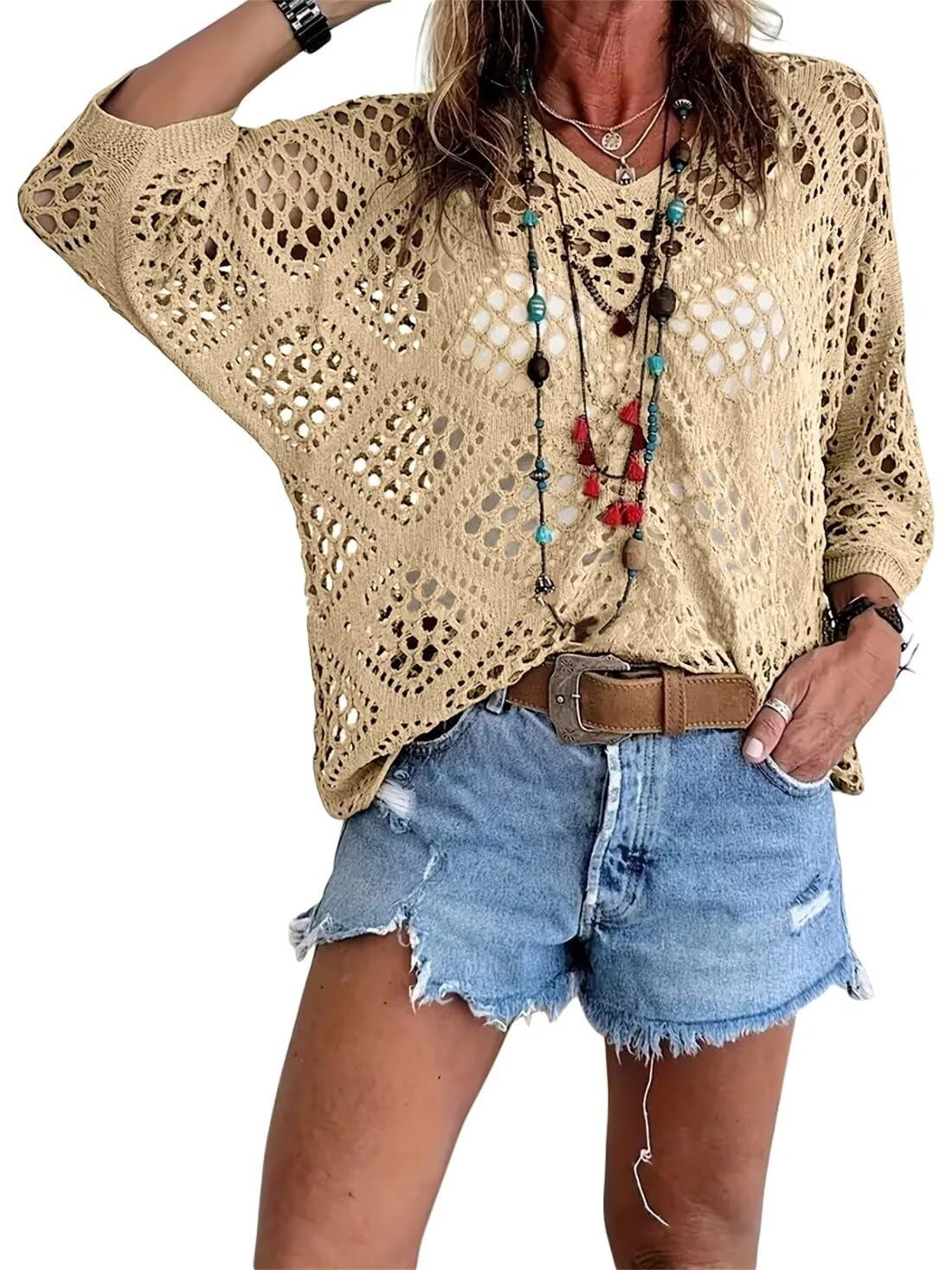 Kassoria - Women's bohemian-style openwork crochet V-neck top