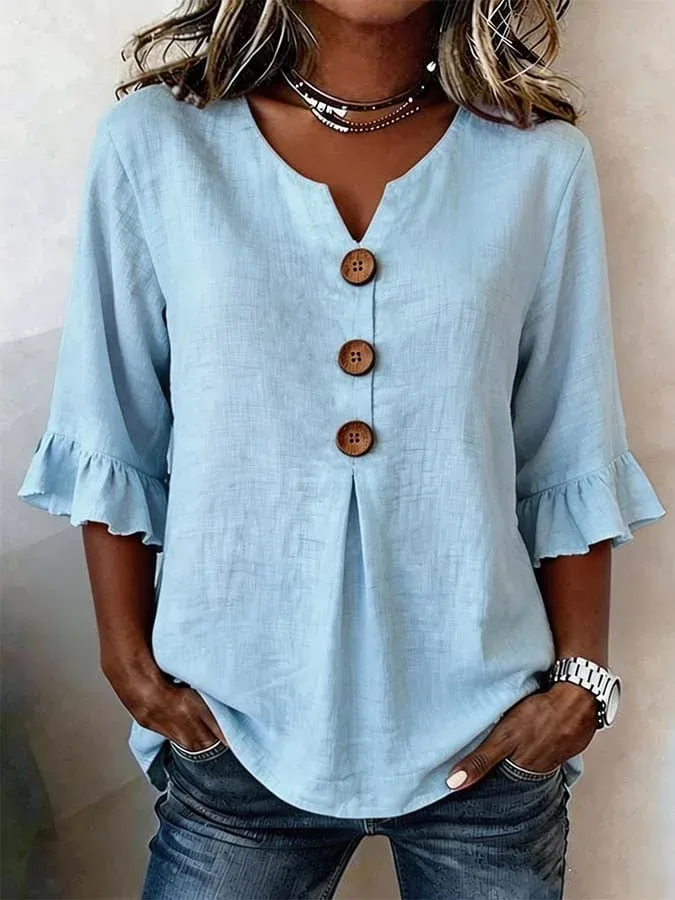 Lythra - Women's V-Neck Button-Down Half-Sleeve Flowy Blouse