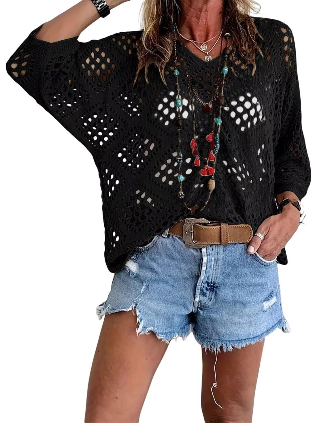 Kassoria - Women's bohemian-style openwork crochet V-neck top
