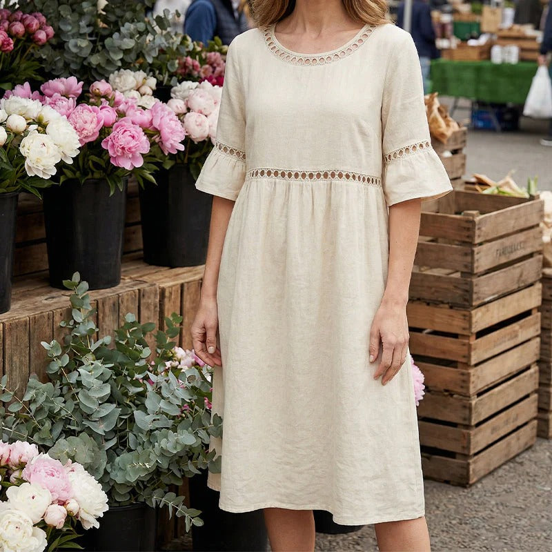 Pryline - Women's mid-length linen dress with a round neckline, openwork lace, and ruffled sleeves