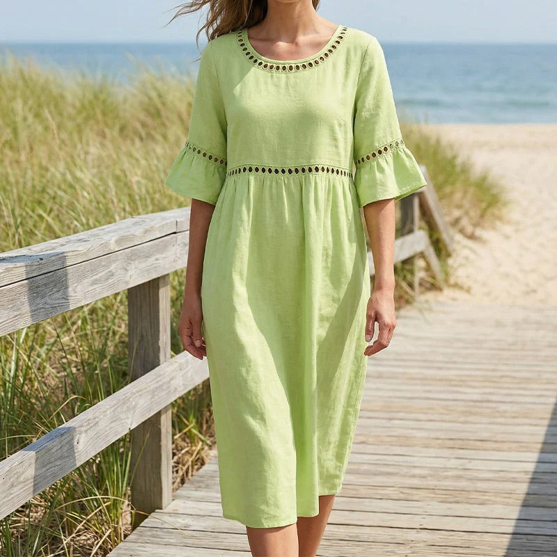 Pryline - Women's mid-length linen dress with a round neckline, openwork lace, and ruffled sleeves