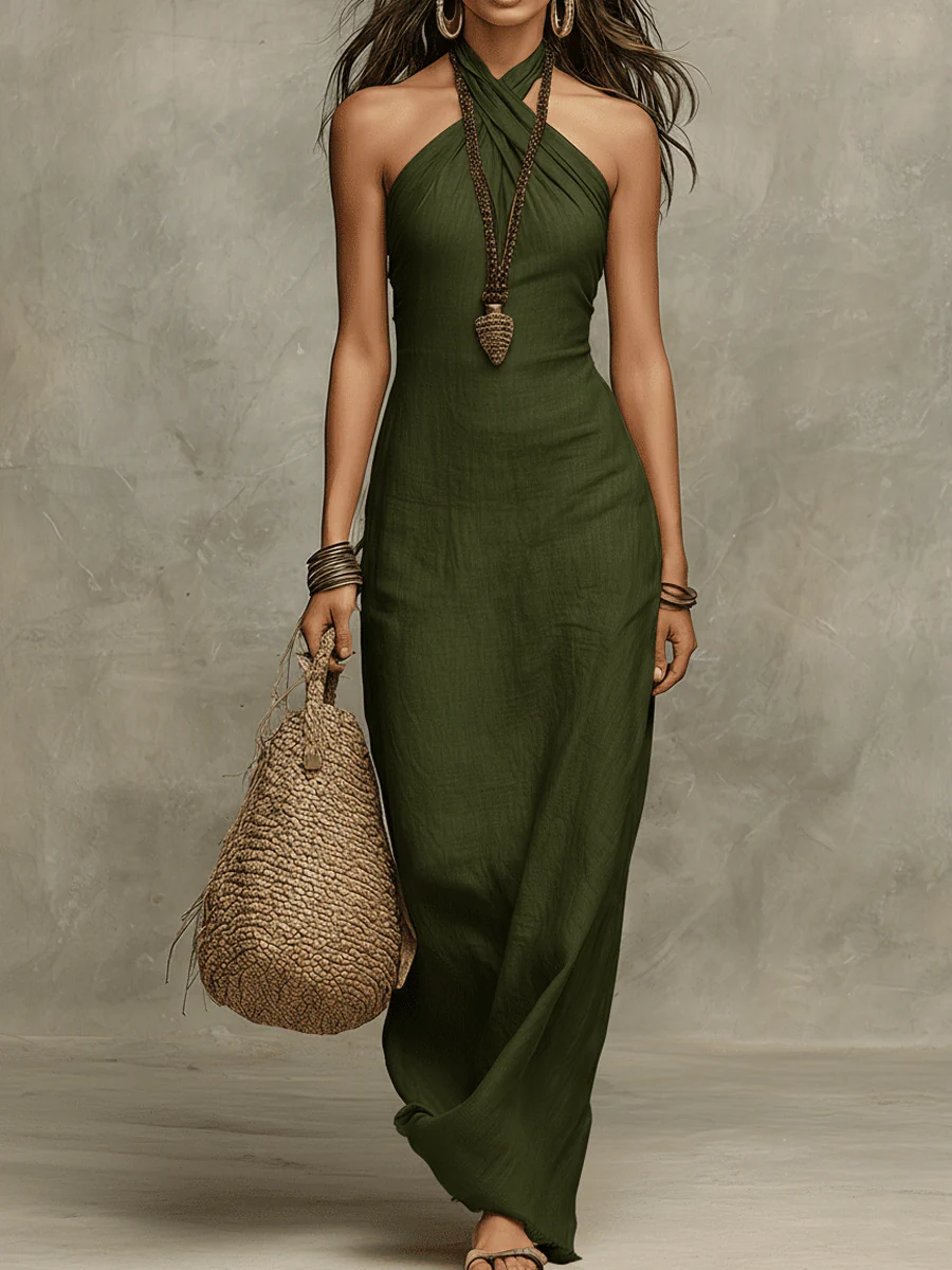 Phaevina - Women's Elegant Halter Neck Linen Maxi Dress