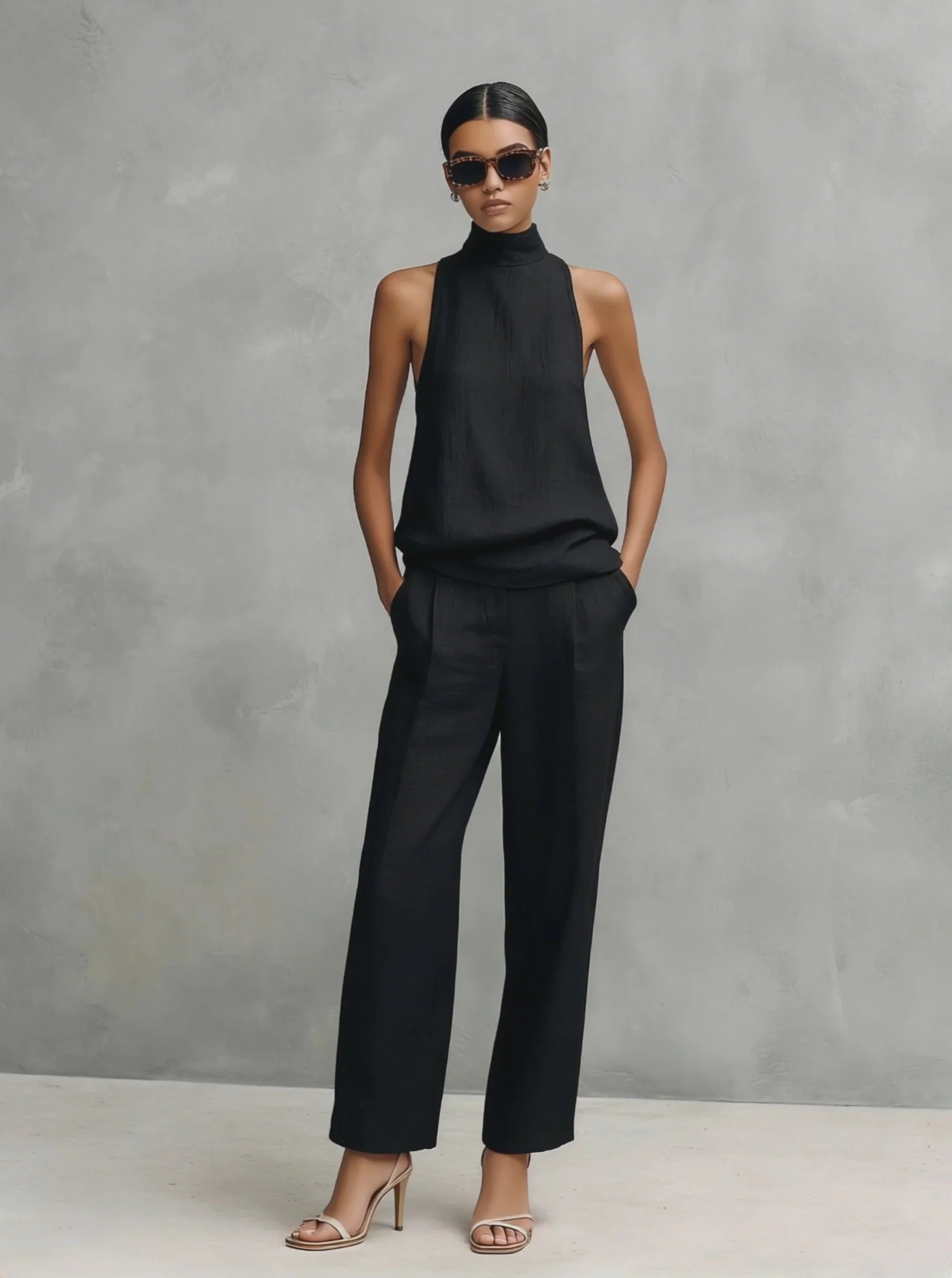 Elowira - Women's black linen and cotton set with a high collar