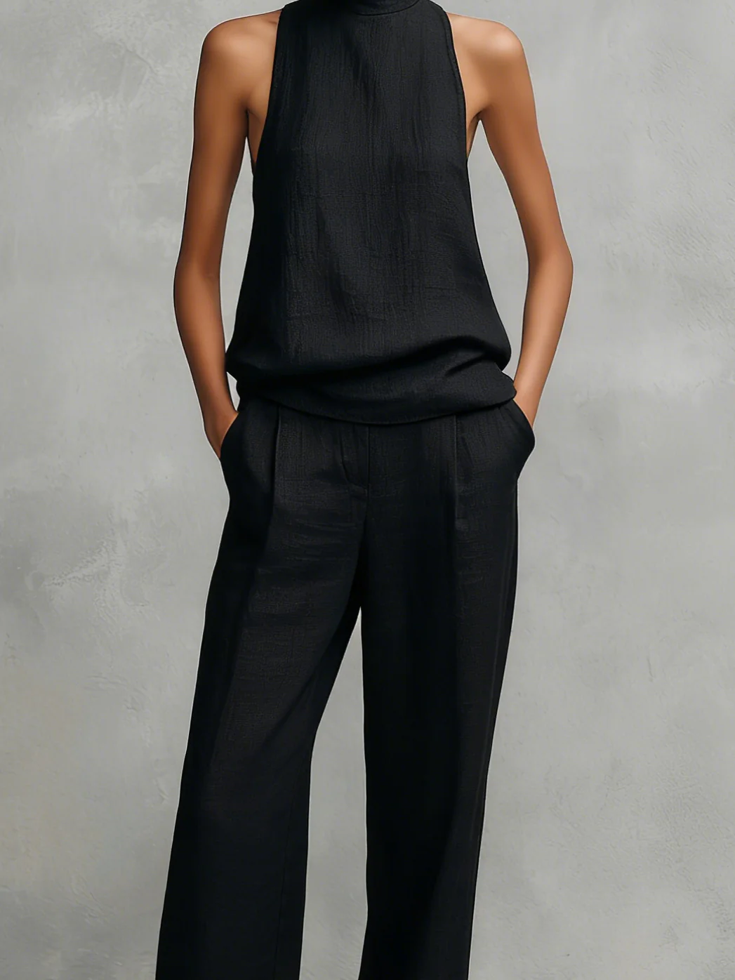 Elowira - Women's black linen and cotton set with a high collar