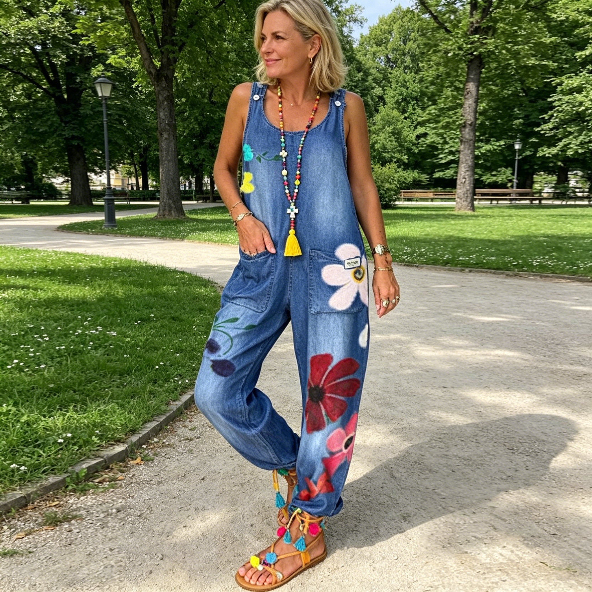 Jovalythra - Women's Casual Loose Fit Floral Denim Jumpsuit