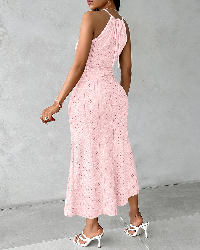 Fynovia - Women's elegant halter neck openwork jacquard split midi dress