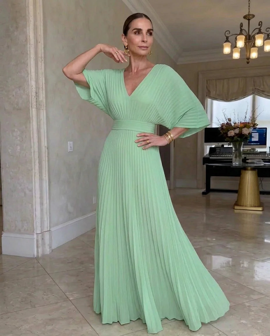 Rynavelle - Women's Elegant Pleated V-Neck Flowy Maxi Dress