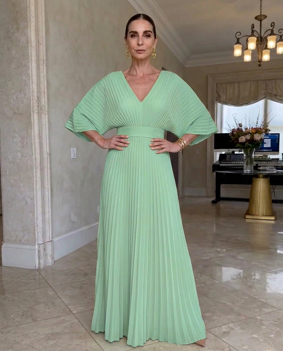 Rynavelle - Women's Elegant Pleated V-Neck Flowy Maxi Dress
