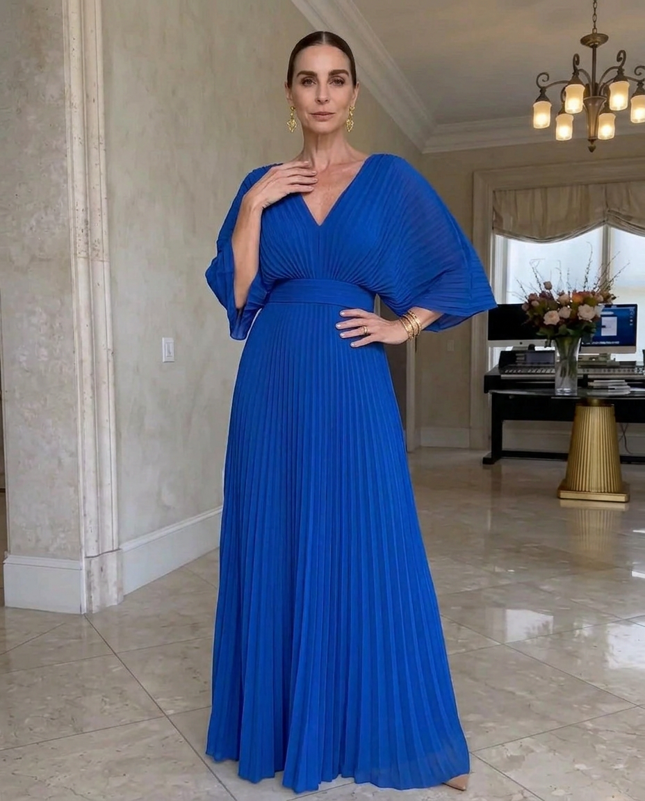 Rynavelle - Women's Elegant Pleated V-Neck Flowy Maxi Dress