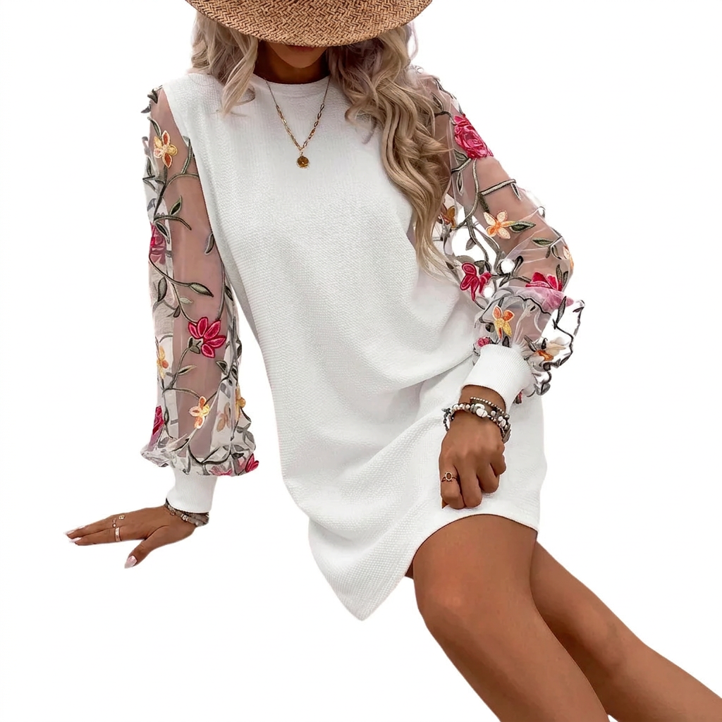 Quelythra - Elegant Women's Sweater Dress with Embroidered Floral Sleeves