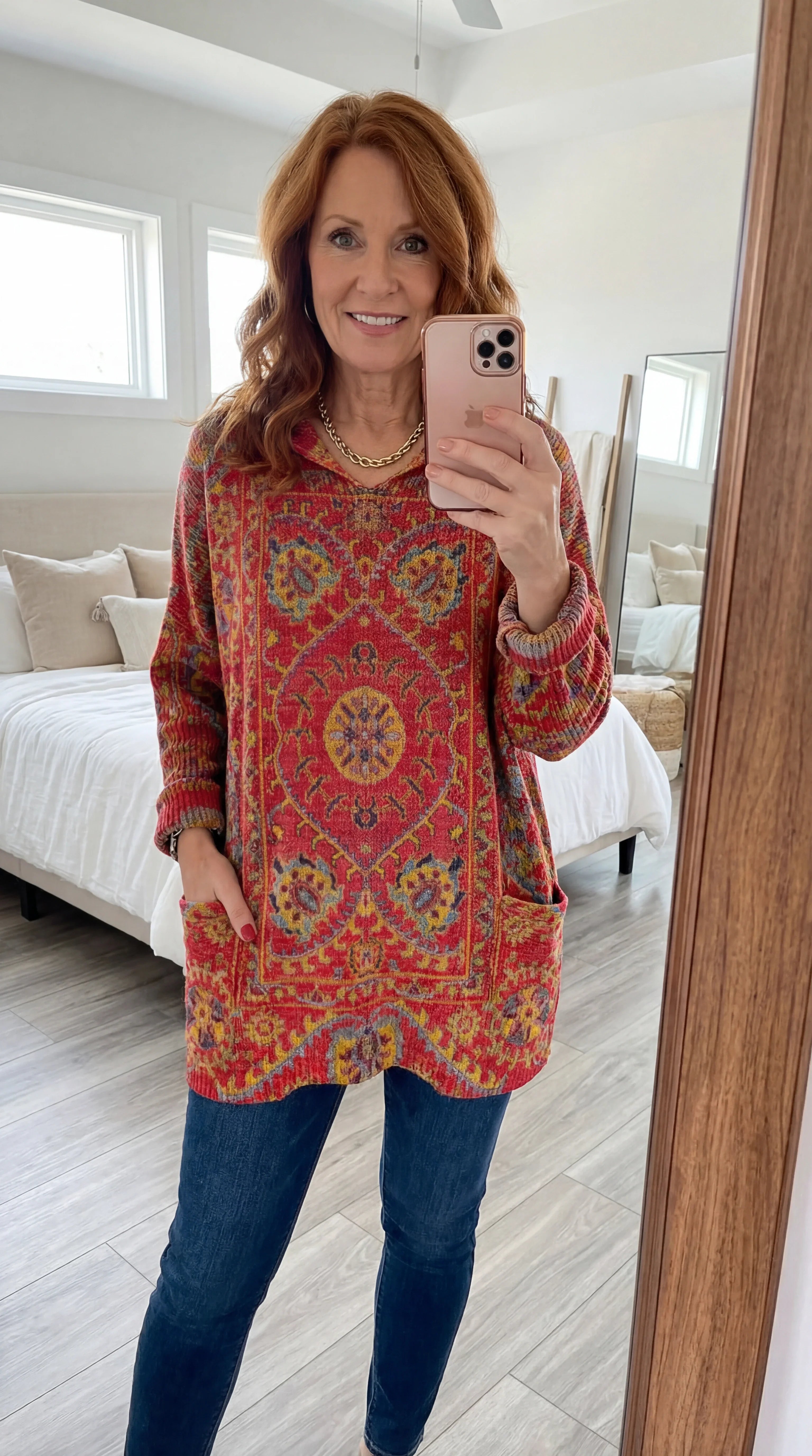 Hynessa - Women's hooded tunic, printed, loose fit, modern casual style