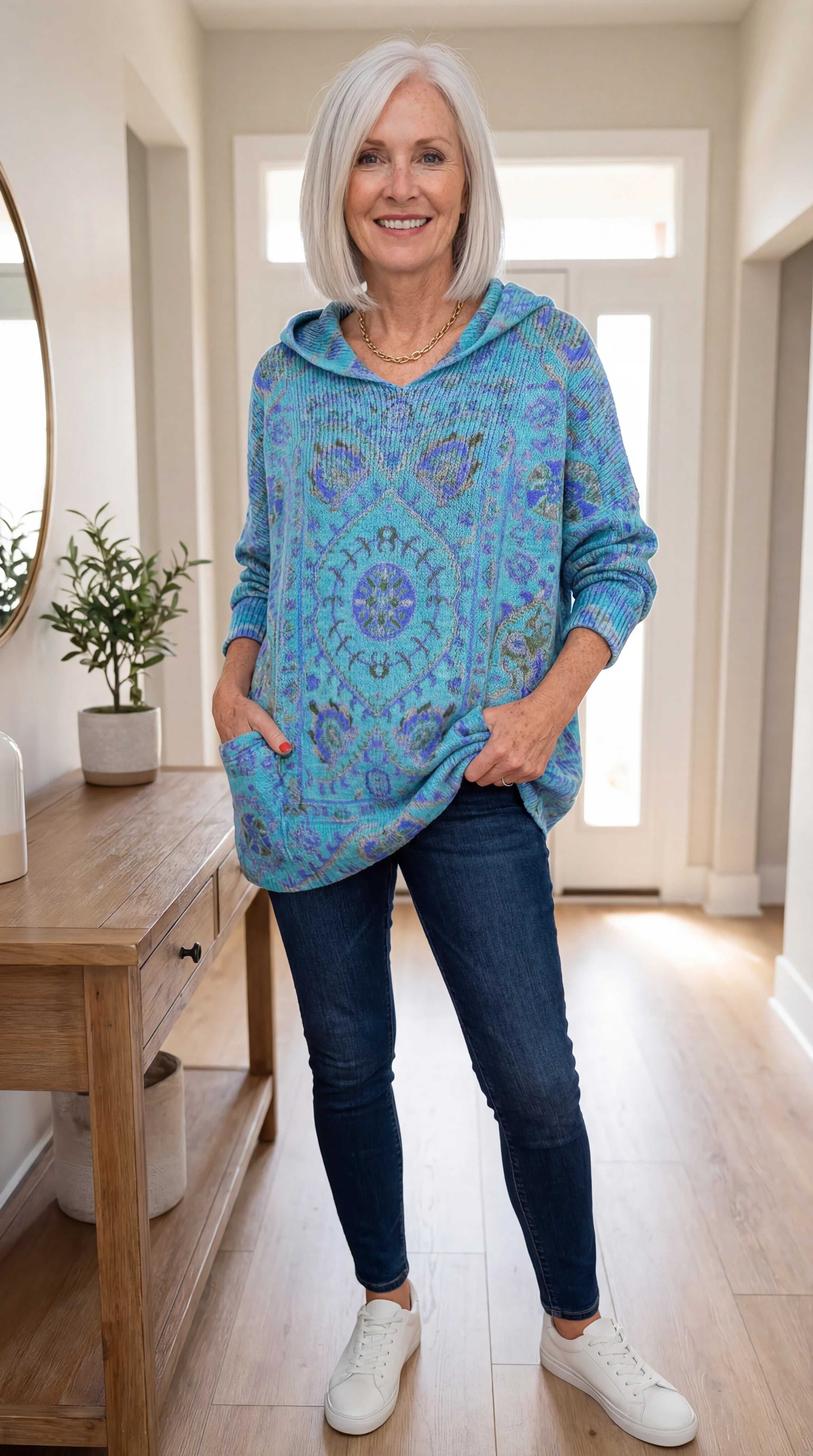 Hynessa - Women's hooded tunic, printed, loose fit, modern casual style