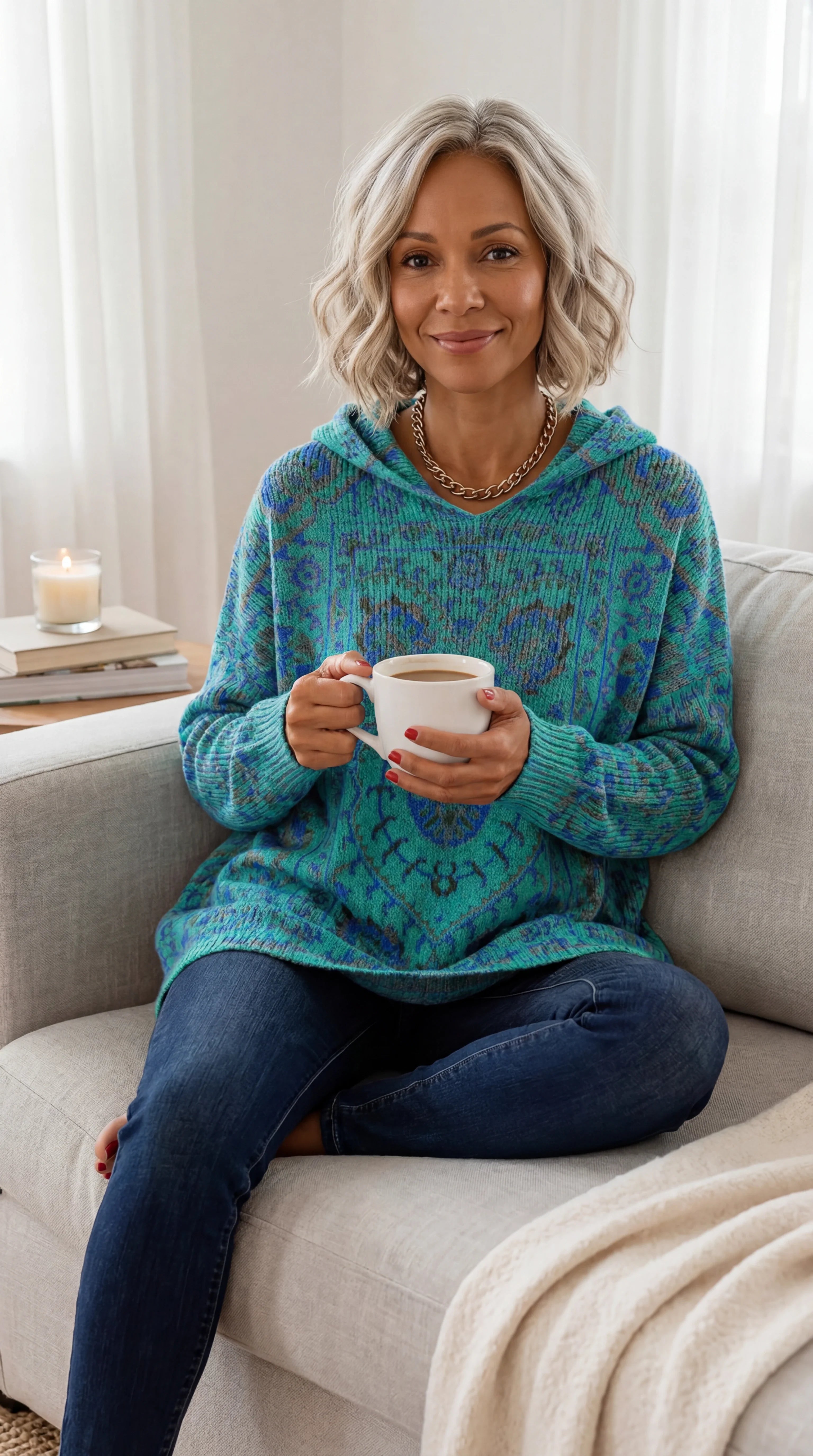 Hynessa - Women's hooded tunic, printed, loose fit, modern casual style