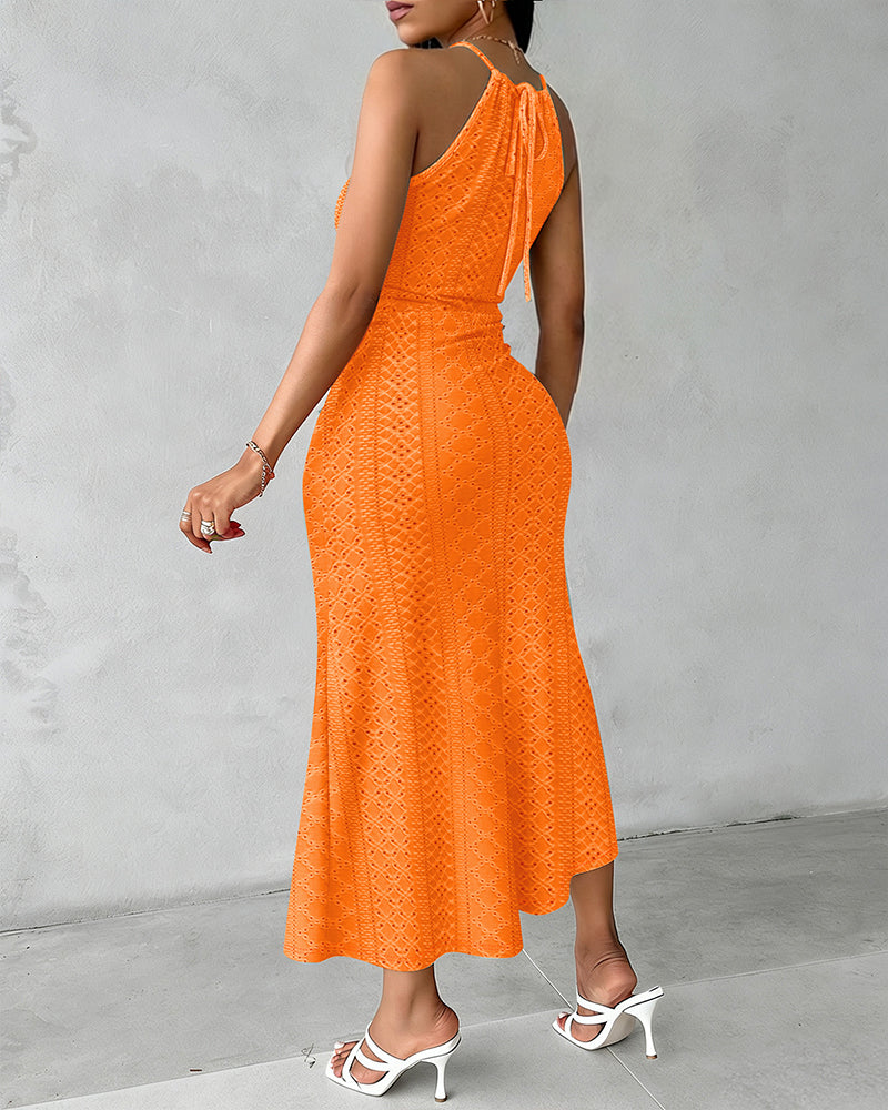 Fynovia - Women's elegant halter neck openwork jacquard split midi dress