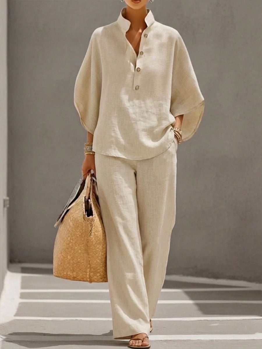 Daxira - Women's Cotton Linen Two-Piece Batwing Sleeve Wide-Leg Pants Set