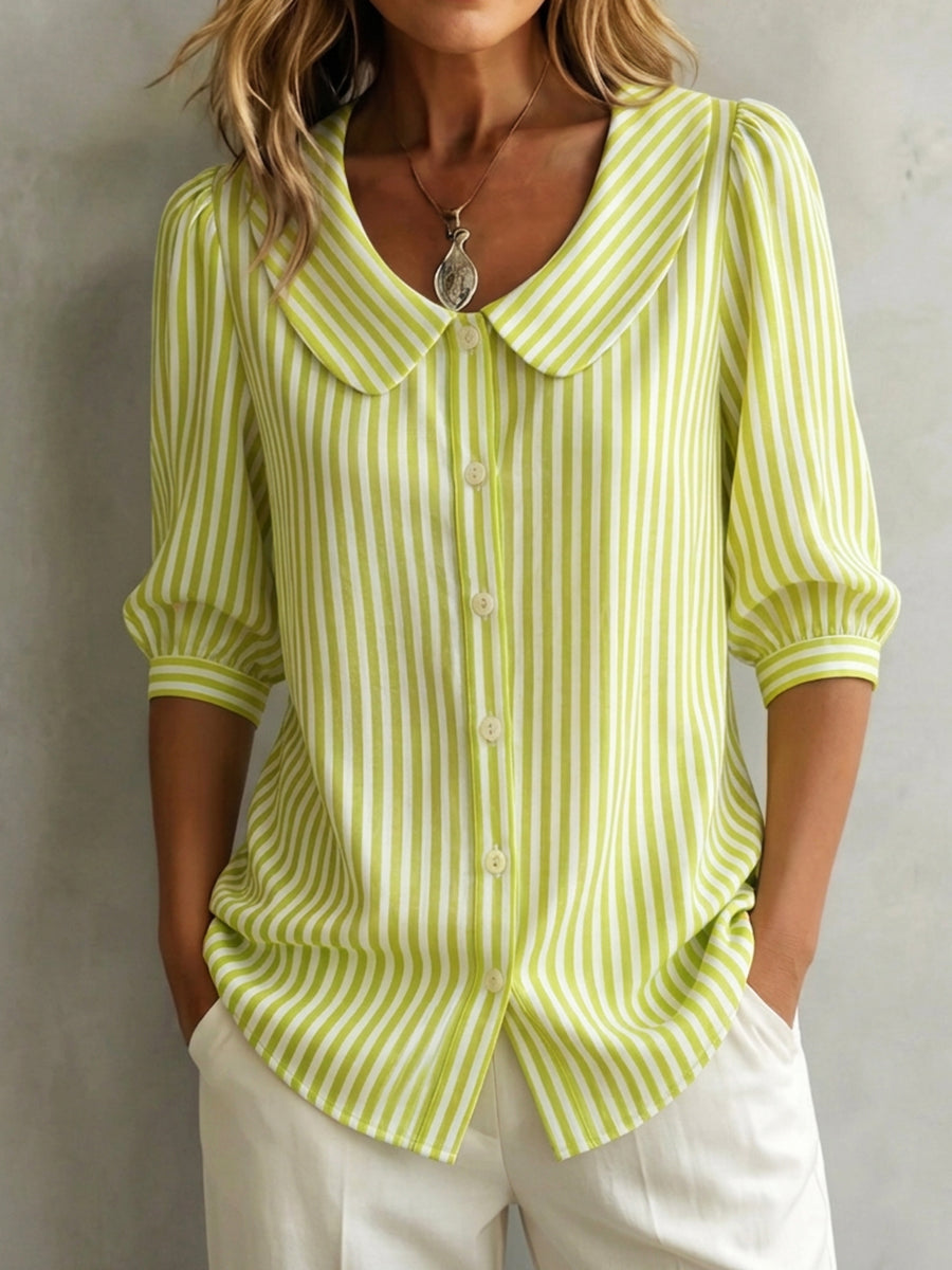 Halyssa - Women's Striped Peter Pan Collar Blouse with 3/4 Sleeves
