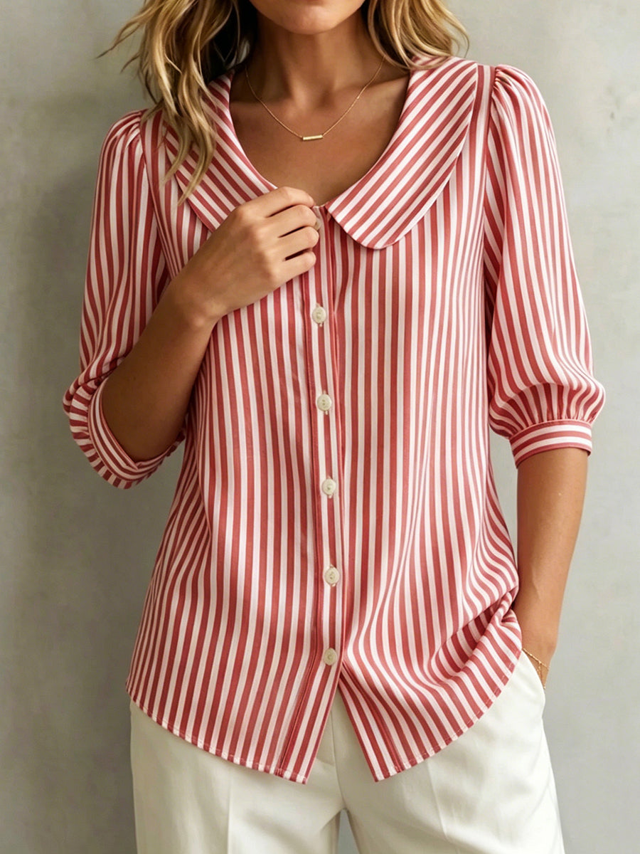 Halyssa - Women's Striped Peter Pan Collar Blouse with 3/4 Sleeves