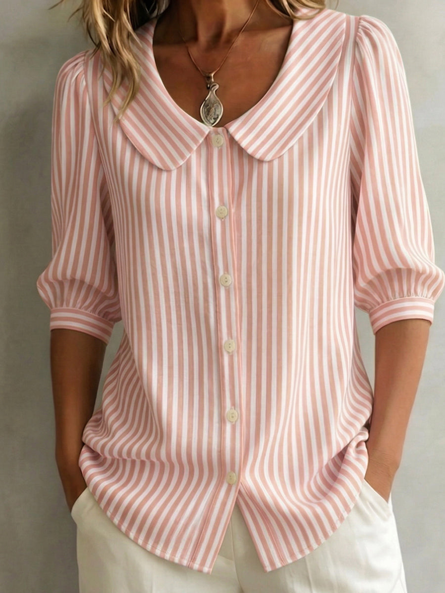 Halyssa - Women's Striped Peter Pan Collar Blouse with 3/4 Sleeves
