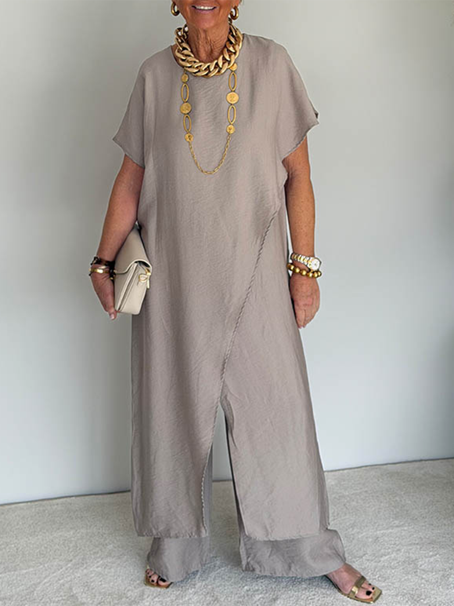 Gavinae - Women's Two-Piece Set: Long Tunic and Wide Linen Pants