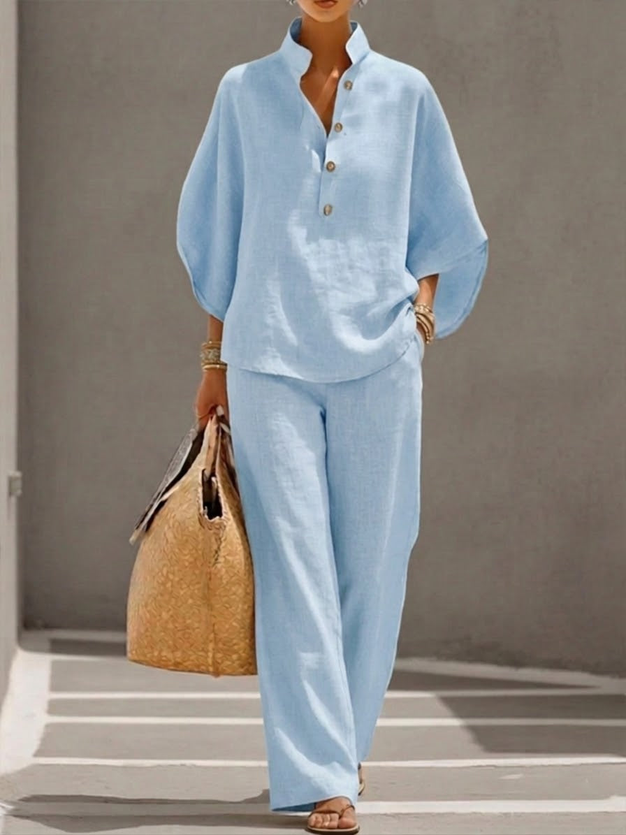 Jovixa - Loose Cotton Linen Sleeved Top & Wide Leg Trousers Set