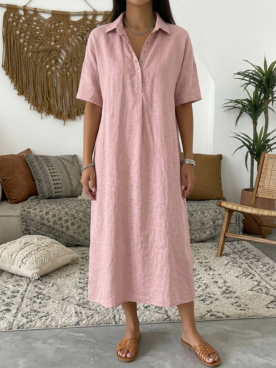 Iovelle - Women's Casual Cotton Linen Polo Dress Short Sleeve Summer