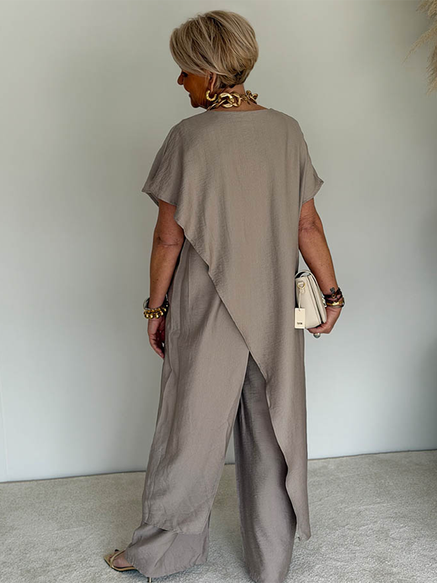 Gavinae - Women's Two-Piece Set: Long Tunic and Wide Linen Pants