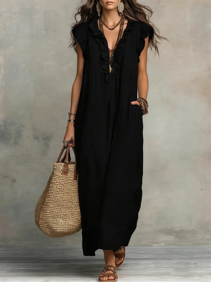 Izzellea - Women's Long Bohemian Linen Cotton Dress Loose Fit Elegant Ruffles