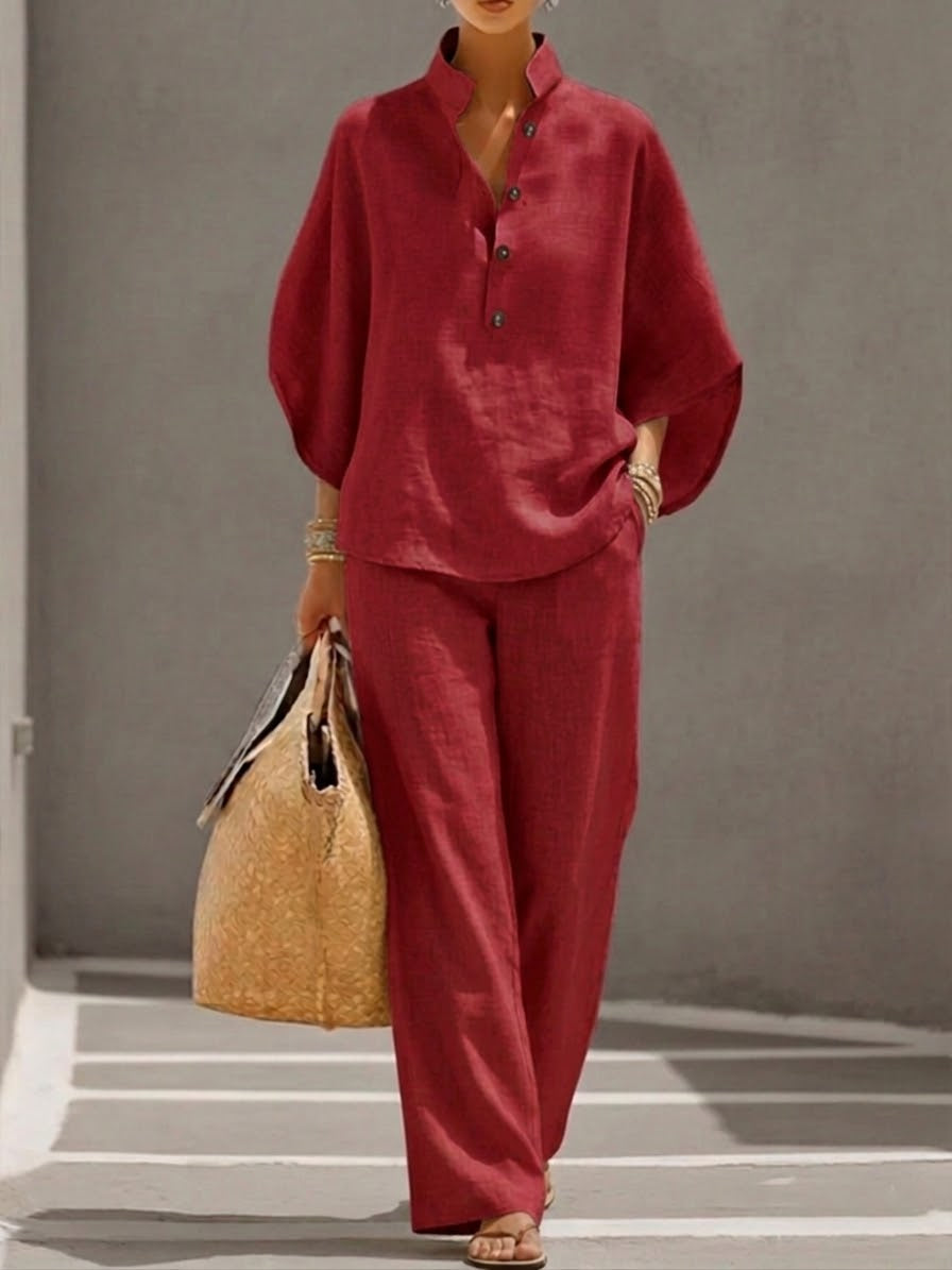 Daxira - Women's Cotton Linen Two-Piece Batwing Sleeve Wide-Leg Pants Set