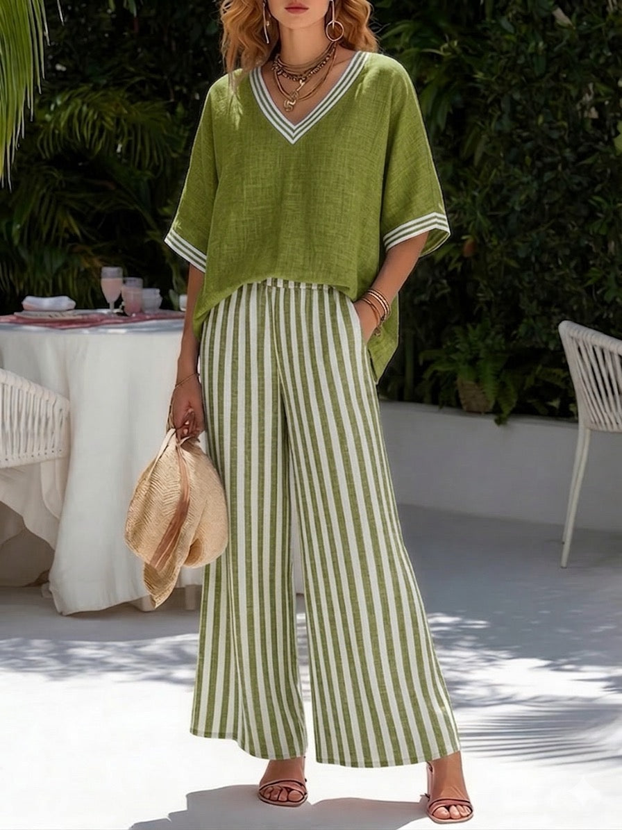 Gorixa - Women's Striped Linen Cotton Loose Fit Set Elegant Summer Style