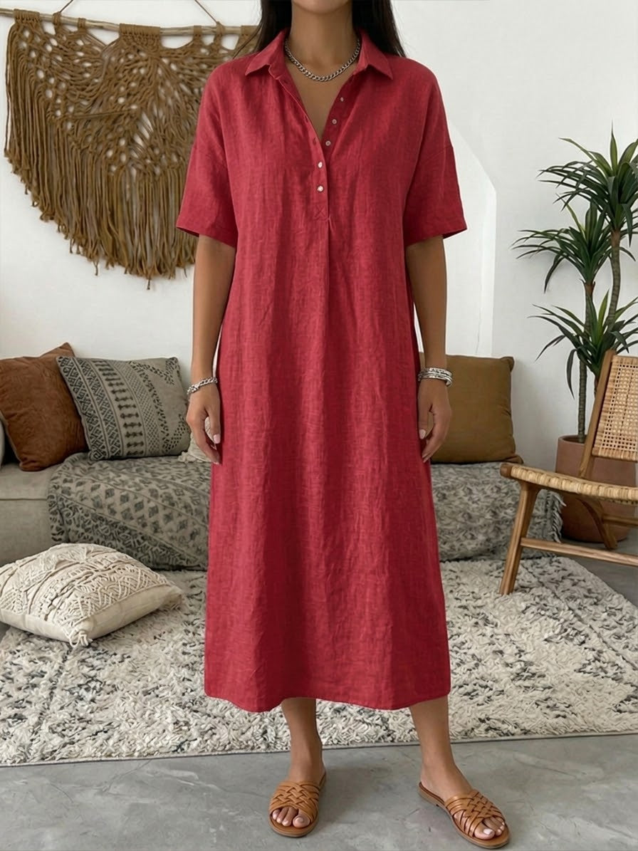 Iovelle - Women's Casual Cotton Linen Polo Dress Short Sleeve Summer
