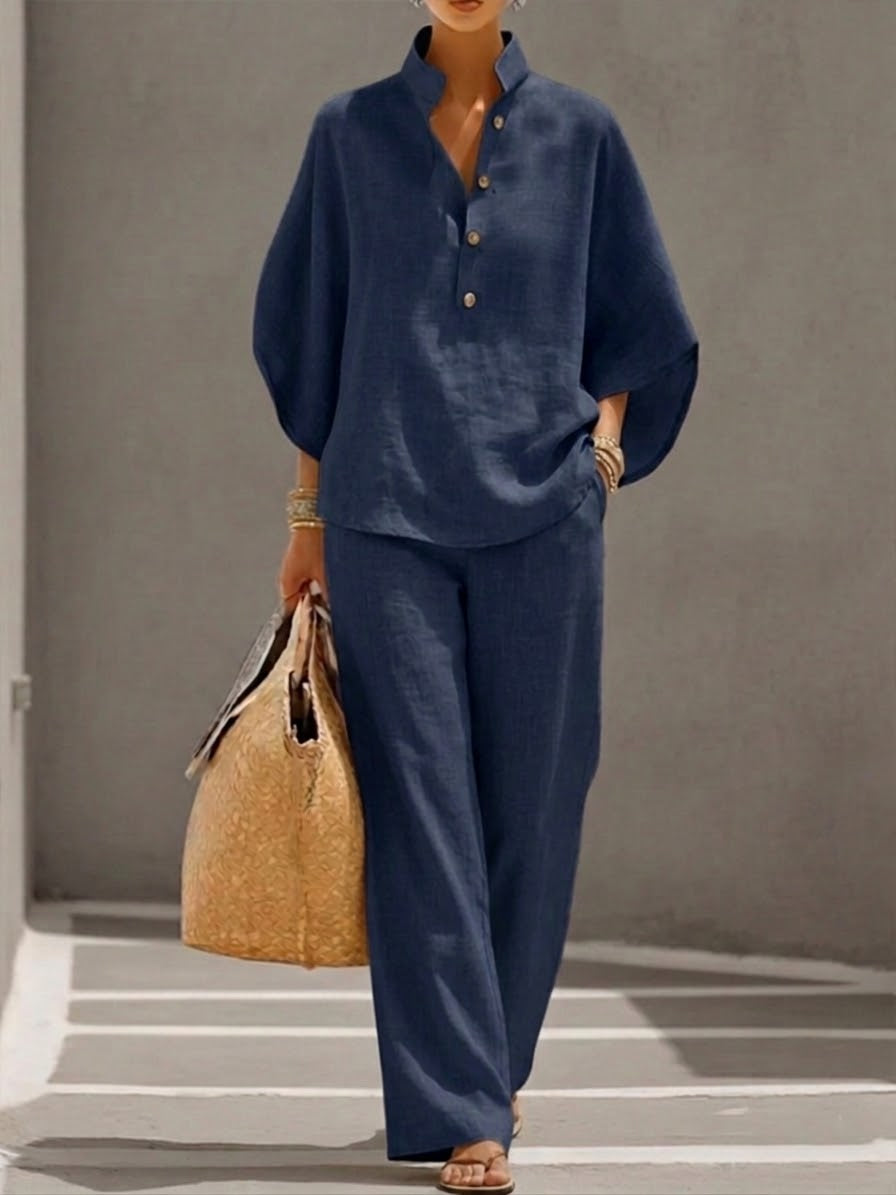 Daxira - Women's Cotton Linen Two-Piece Batwing Sleeve Wide-Leg Pants Set