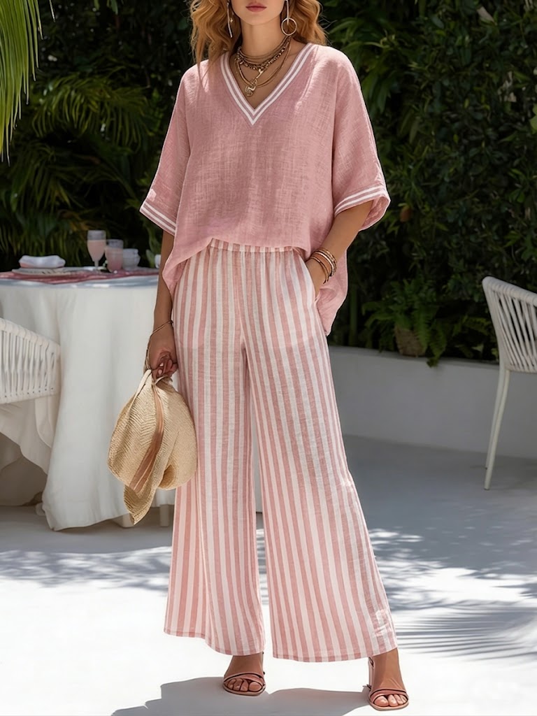 Gorixa - Women's Striped Linen Cotton Loose Fit Set Elegant Summer Style