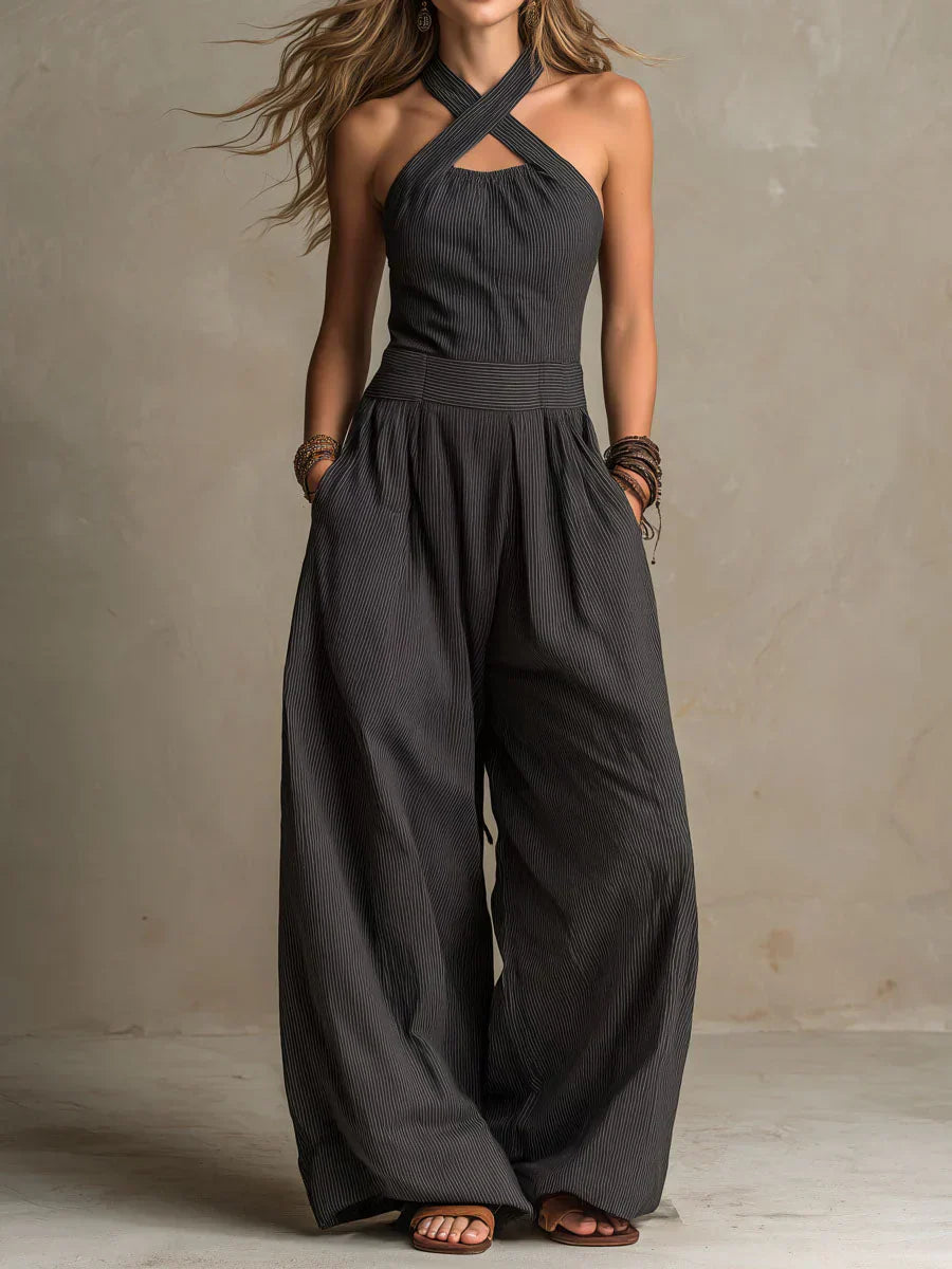 Fiorenzae - Women's Fluid Wrap Collar Wide Leg Elegant Jumpsuit